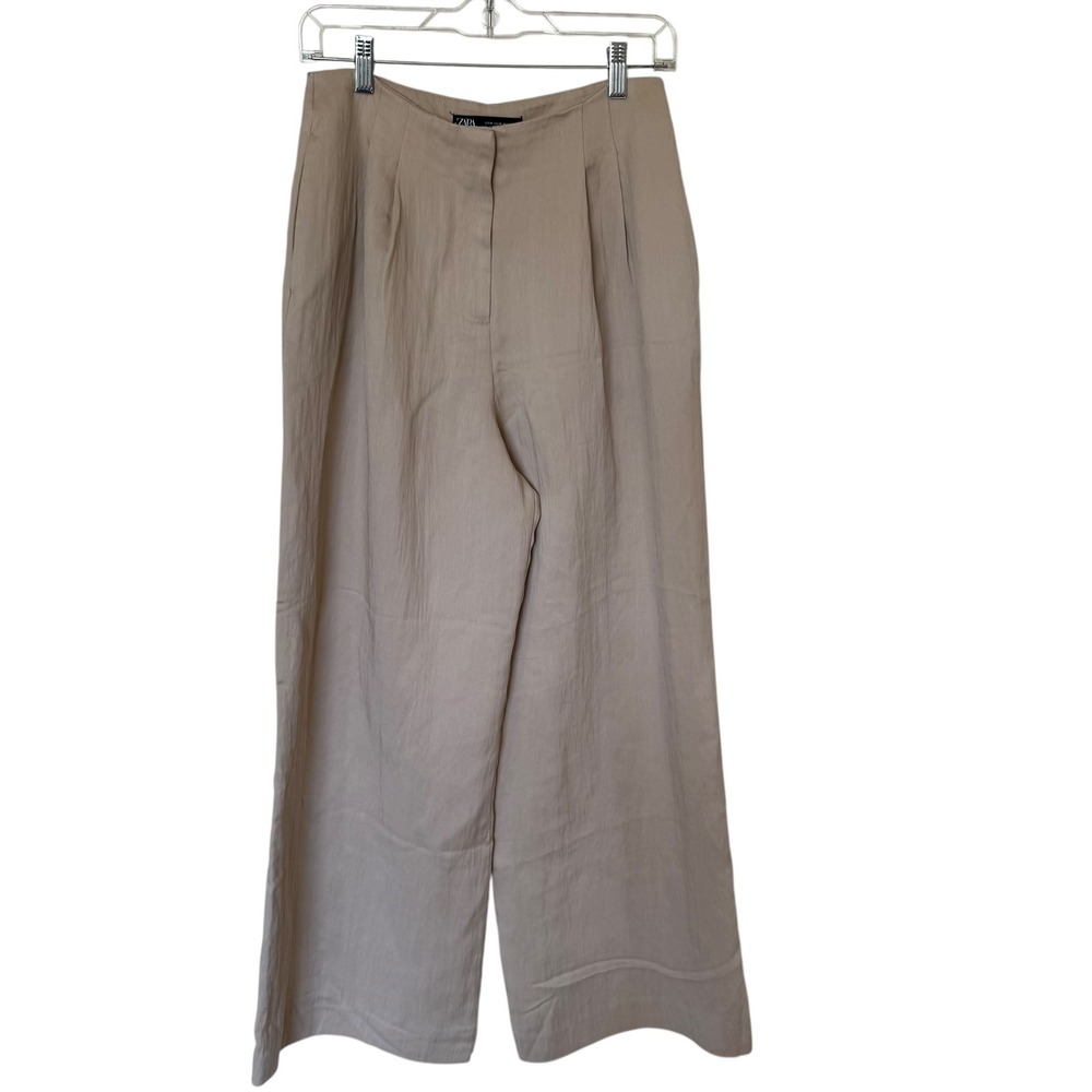 Zara Wide Leg Trousers Women Medium Beige Excellent High Waisted Pleated Front‎